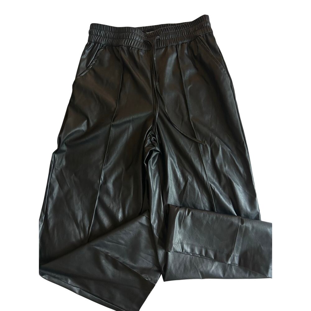 Who What Wear Black Faux Leather Wide Leg Pants Elastic Waist Medium Vegan